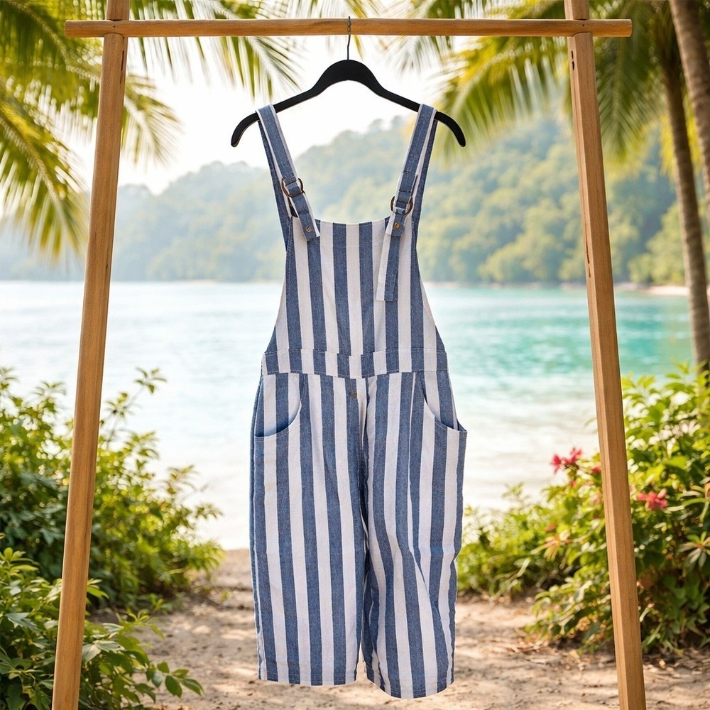 Promesa Briar‎ Small Overall Dress Navy White Striped Pinafore Linen Blend NWT